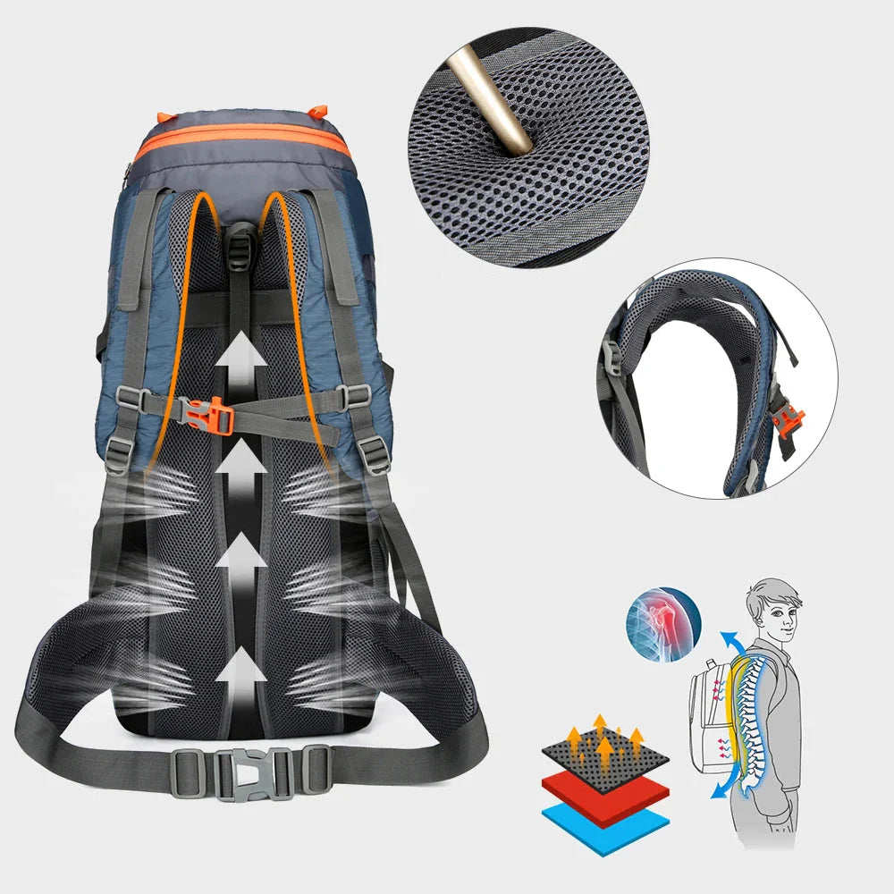 Sac de Randonnée Étanche 65L avec Housse de Pluie Intégrée - PeakTrail 65