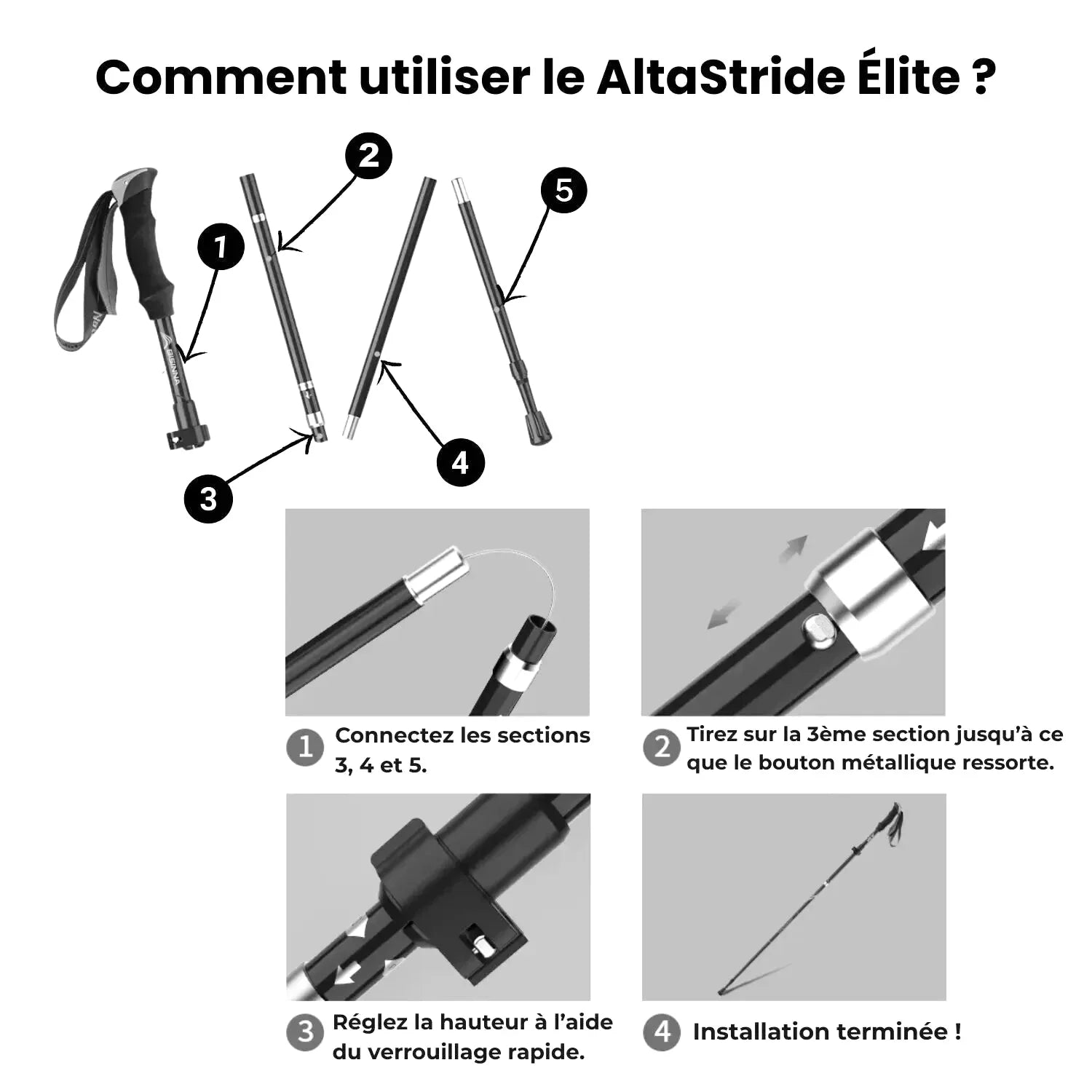 Bâton de Randonnée Acier Carbone Léger et Pliable (x2) | Réglable 107–125 cm, Pliable 5 Sections - AltaStride Élite 125