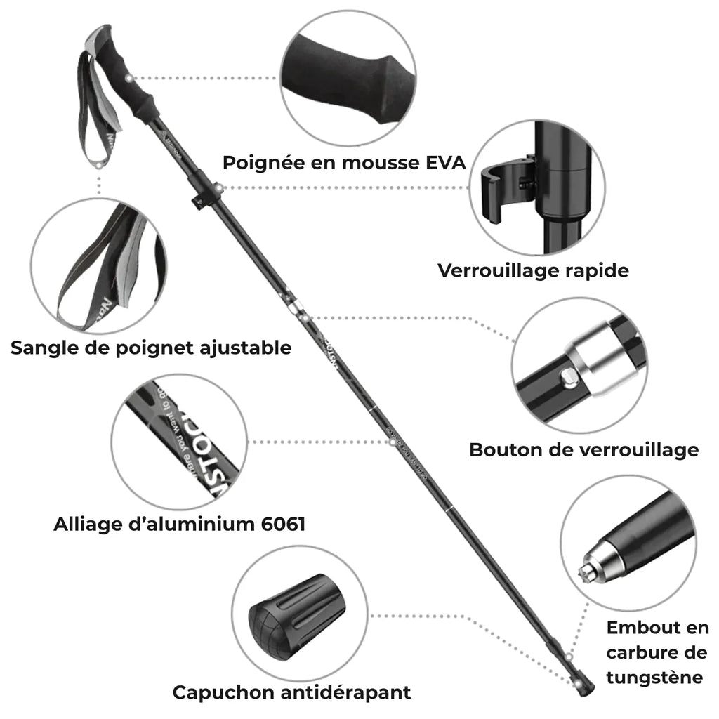 Bâton de Randonnée Acier Carbone Léger et Pliable (x2) | Réglable 107–125 cm, Pliable 5 Sections - AltaStride Élite 125