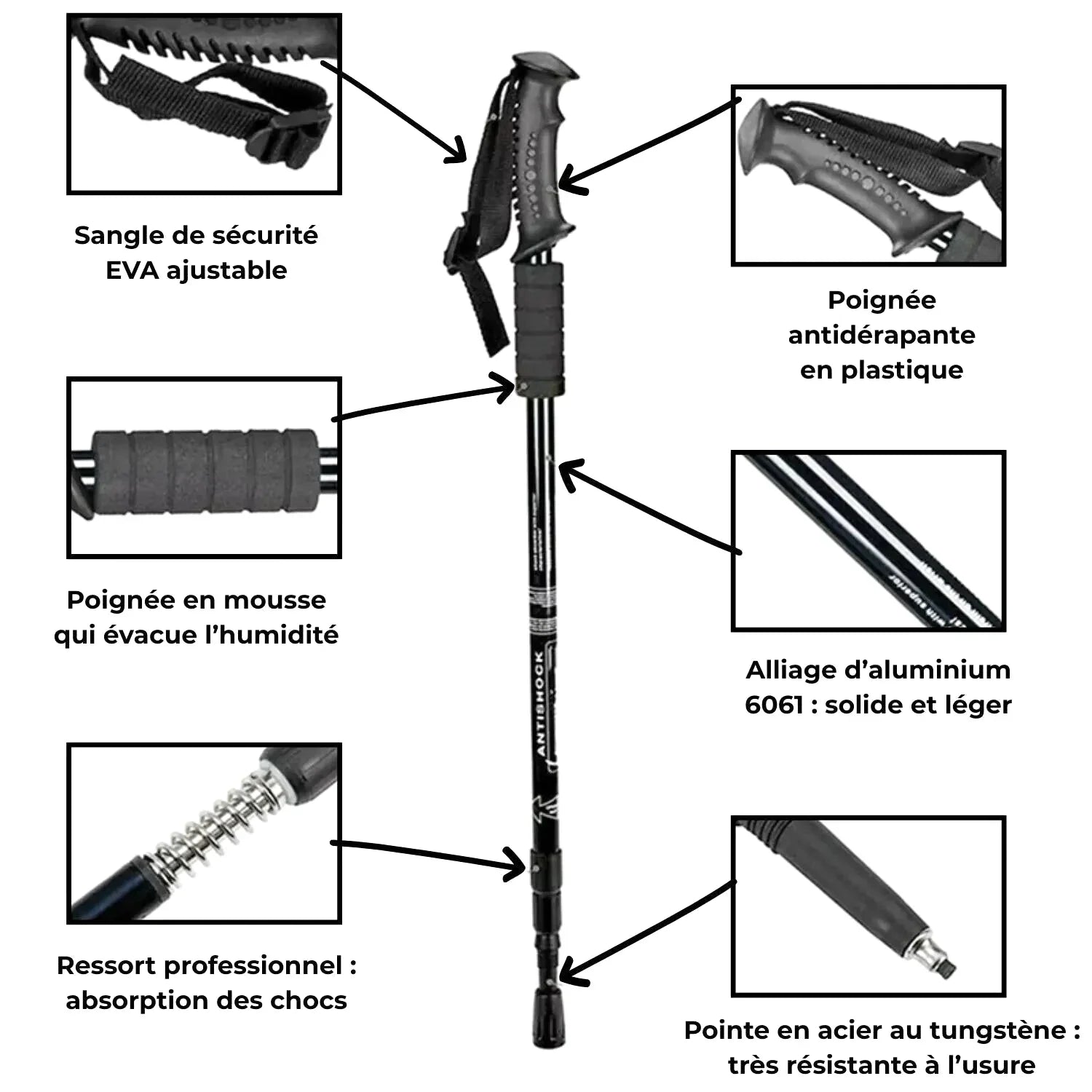 Bâton de Randonnée avec Amortisseur Dynamique Léger (65–135 cm) - Aluminium 6061 - TrekPulse