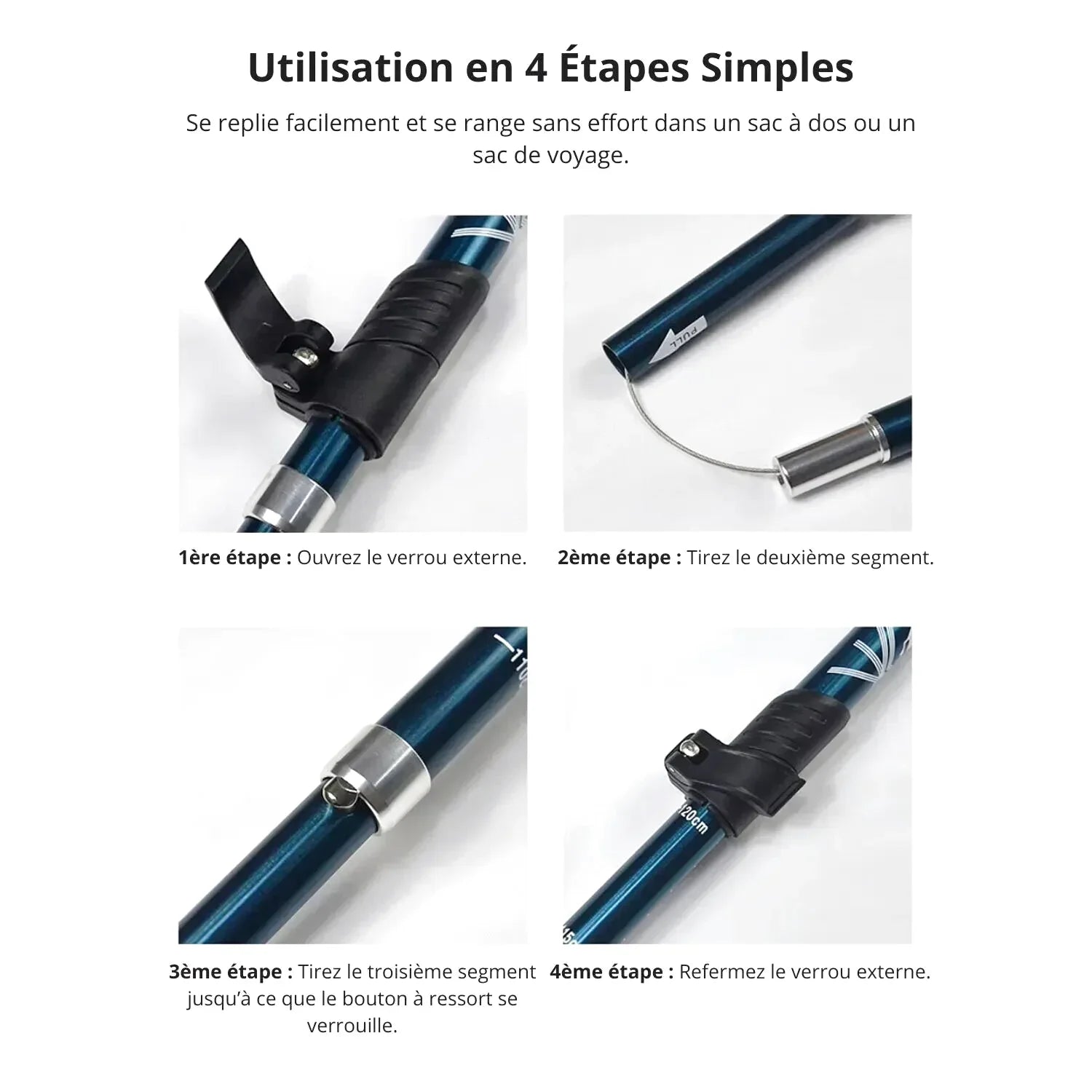 Bâton de Randonnée Pliable 5 Sections (107–125 cm) — Acier Carbone Léger 250 g - TrekPro Ultra-Light 125