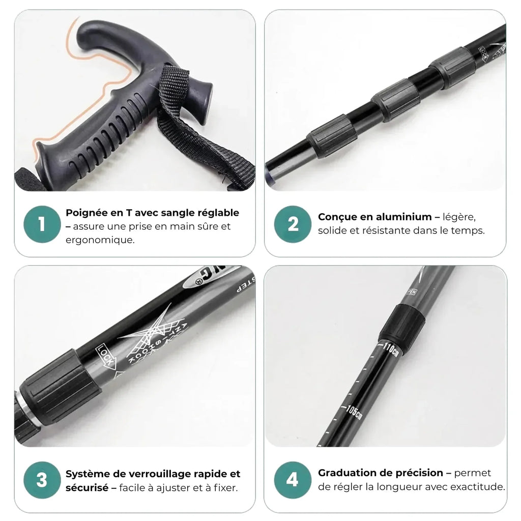 Bâton de Randonnée Pliable – Aluminium Léger, Réglable 53–110 cm, Embout Tungstène - TrekMaster 110