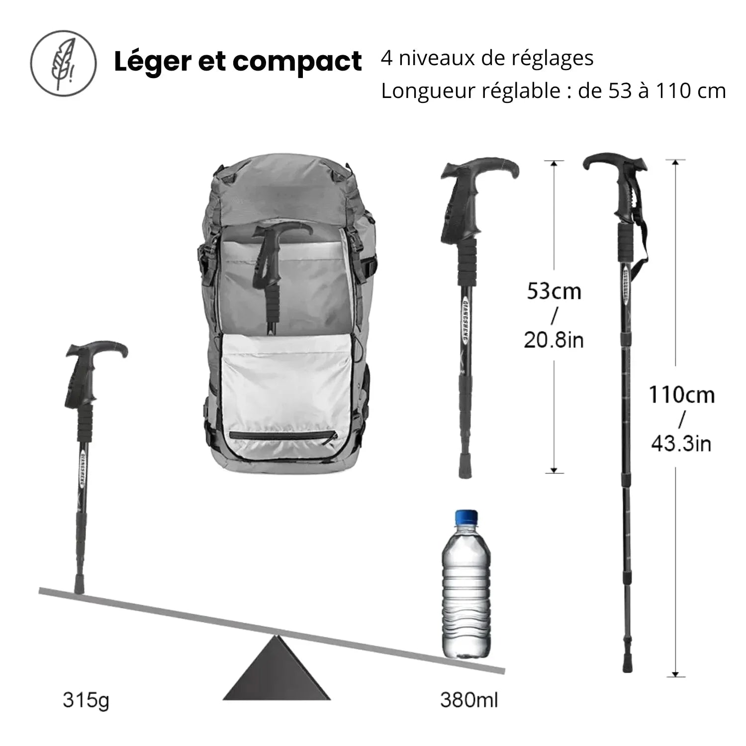 Bâton de Randonnée Pliable – Aluminium Léger, Réglable 53–110 cm, Embout Tungstène - TrekMaster 110