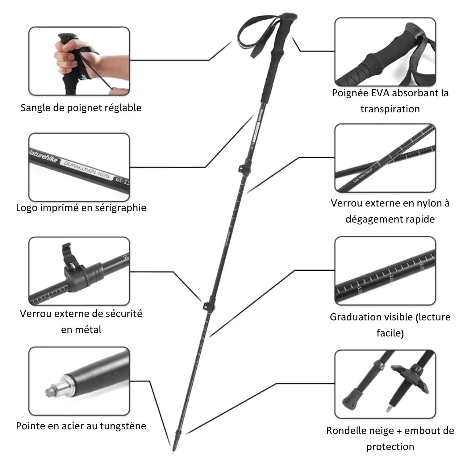 Bâton De Randonnée Télescopiques (56–135 cm) Quick Lock - Aluminium 7075 - Naturehike 135
