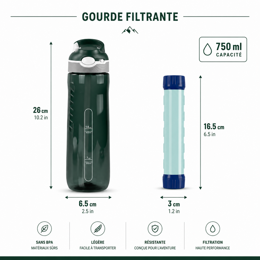 Gourde Filtrante Randonnée 750ML – Filtration Portable & Réutilisable Outdoor